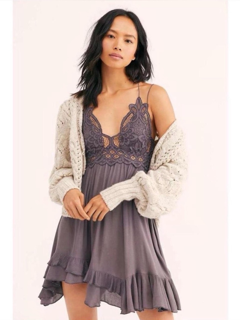 Free People Adella Slip Dress Lace Ruffle Boho